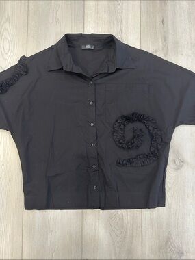 BIZE Black Ruffle Appliqué Button-Down Blouse Size 1 (Fits Small/Medium)